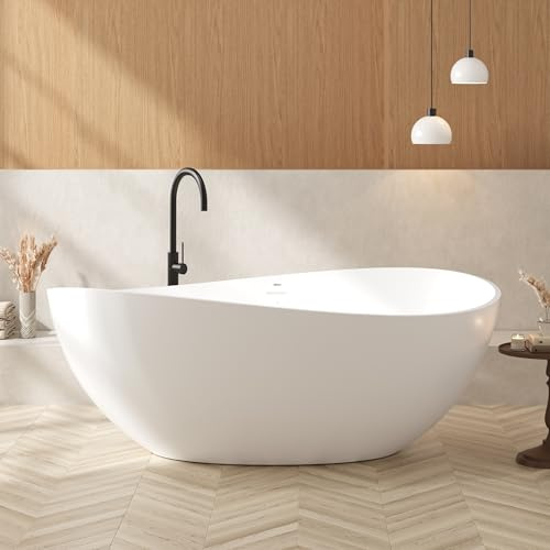 FerdY Lamu 63 Stone Resin Freestanding Bathtub, Gracefully Shaped Freestanding Bathtub, Solid Surface Soaking Tub, Matte White, cUPC Certified, Pop-up Drain and Integrated Slotted Overflow
