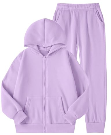 Generico Tuta Bambine e Ragazze Completo 2 Pezzi Felpa con Cappuccio con Cerniera e Pantaloni con Elastico in Vita Tute da Ginnastica Jogging Tuta Sportiva per 5-14 Anni (Light Purple, 11-12 Years)