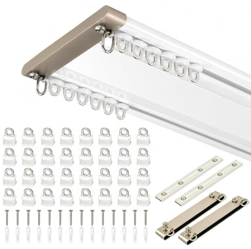 Clickovia Gardinskena 2 löpare, gardinskena, takmontering 200 cm, aluminium, dubbel gardinskena med tyst glidfunktion, för vardagsrum, sovrum (vit, 2,0 m)