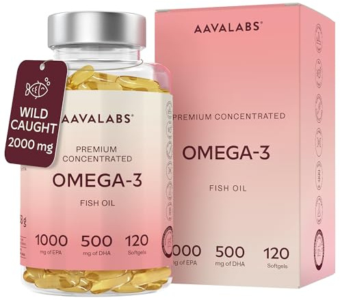 Aavalabs Omega 3 Fish Oil 2000mg per Daily dose (2 softgels) - 1000mg EPA + 500 mg DHA per dose - High Strength Omega 3 Fatty Acids Supplements - Molecularly Distilled - 120 Capsules - 60 Days Supply
