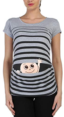 Winke Winke Baby – roligt roligt sött mammamode randig mammaskjorta med motiv för graviditet graviditetsskjorta, kortärmad, GRÅ, XL