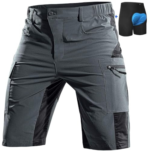 Cycorld Mountain-Bike-Shorts-Mens-Padded Biking Baggy Cycling Short Padding Liner with Zip Pockets (Grey, Medium)