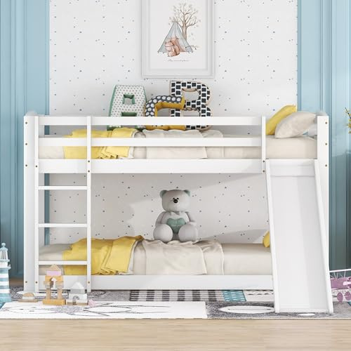 Letto a castello 90 x 200 cm, per bambini e ragazzi, lettino con scivolo, telaio in legno massiccio, montaggio semplice (bianco)