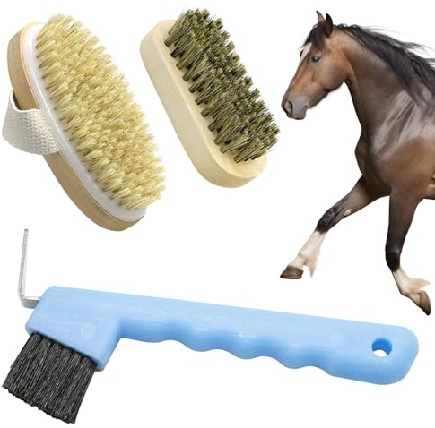 Waltool 3Pcs Horse Grooming Kit Contains Hard and Soft Horse Brushes and Hooks, Tack Room Supplies Set Horse Cleaning Tools for Beginners