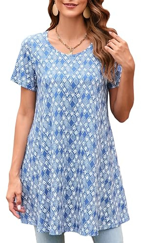 Enmain Short Sleeve Women's Tunic Tops Summer Blue Swing Tops Floral Ladies Longline Round Neck Tunics for Holiday,Blue,3XL