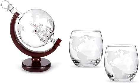 Hsthe Sea Globe Whisky Karaff Set with 1 Decanter and 2 Glasses, Ship Design for Scotch, Vodka Gift Set