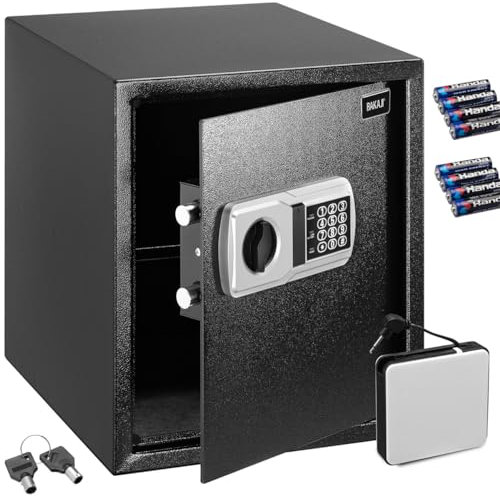 BAKAJI Cassaforte Elettronica di Sicurezza con Box Batteria Esterno, Cassetta Porta Valori e Documenti Antiscasso per Casa, Hotel, Armadio a Muro Parete o Indipendente, 40 x 35 x 40 cm (Nero)