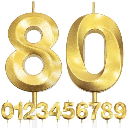 80th Vela de Cumpleaños con Purpurina Dorada y Diseño 3D - Número 0, Velas con Números, Decoración de Tarta, Vela de Tarta para Fiesta de Cumpleaños, Aniversario de Boda, Decoración de Fiesta