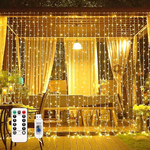 EvaStary Tenda Luminosa 300 LED 3 metri x 3 metri Tenda Luci Natale, 8 Modalità Tenda di luci Impermeabile Cascata Luci per Esterni, Interni, Natale, Camera da Letto, Giardino (Bianco Caldo)