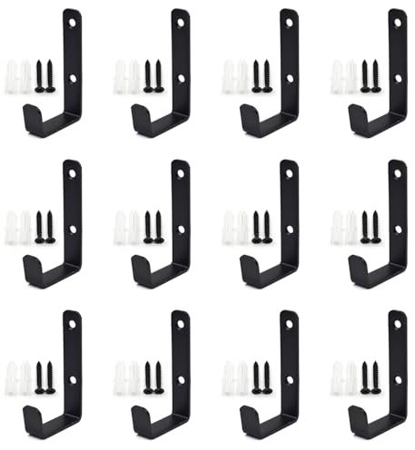 12 Pack Black Double Hole Wall J Hooks, Wall Mount Hanging Brackets
