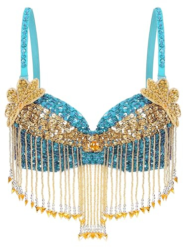 YiZYiF Women's Glitter Belly Dance Bra Top Tassels Bra Top for Halloween Theme Party Stage Performance SkyBlue One Size