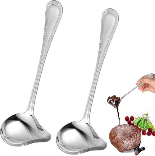 2 Pcs Soup Ladle With Spout, 20.5 cm/ 8.07 Inch Stainless Steel Sauce Drizzle Spoon, Long Handled Ladle With Pouring Spout for Soups, Sauces, Gravies, Dressings