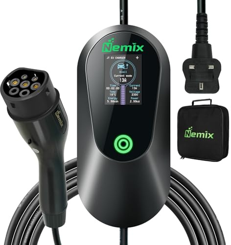 Nemix 3.0KW Home EV Charger, 5 Metres Cable with Type 2 to 3 Pin Plug, Portable Electric Car Charger for EVs and PHEVs