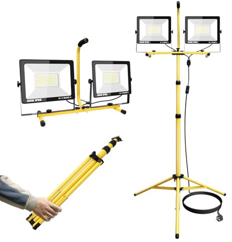 YOJZMA Luces LED para obras de construcción de 200W con trípode, 20000LM, 175V-265V, IP66, luz de trabajo LED para interiores y exteriores con cable de 5m para talleres, garajes y sótanos