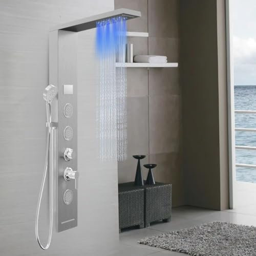 Colonna Pannello Doccia Shine Acciaio 4 Funzioni Luce LED Display Temperatura Effetto Pioggia Cascata Anticalcare (Cromo Spazzolato)