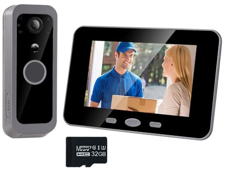 iTenen Vdeo - Timbre inalámbrico 300 VK con pantalla de 4,3 pulgadas, 1080p con tarjeta de memoria de 32 GB, detección de movimiento, audio bidireccional, impermeable, sin aplicación sin WiFi