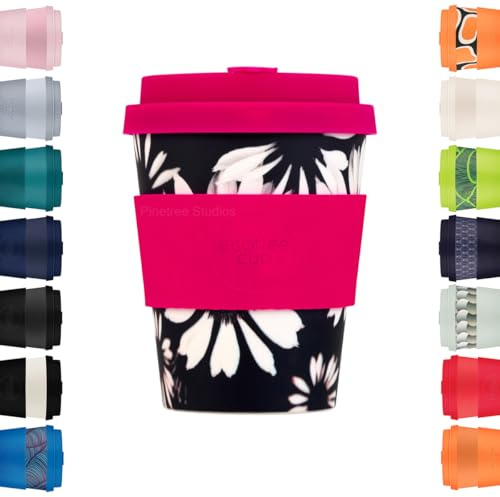 Ecoffee Cup 350 ml återanvändbar miljövänlig 100 % växtbaserad kaffekopp med silikonlock och ärm - melaminfri och biologiskt nedbrytbar diskmaskin/mikrovågsugn säker resemugg (blombar)