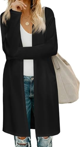 Fisoew Cardigan in maglia per donna, davanti aperto, manica lunga, cardigan leggero, maglione lungo con tasche, Nero , XL