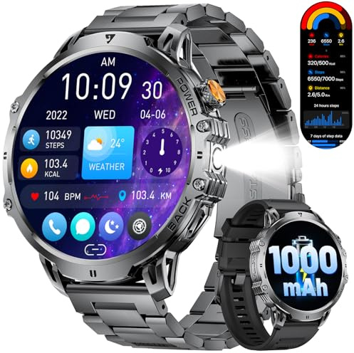 LIGE Military Smart Watches for Men(2 Bands),1000mAh/1.85 HD Large Screen Smartwatch, Flashlight/110+ Sports Modes/Sleep Monitor, Fitness Tracker Watch for Android iOS,Black