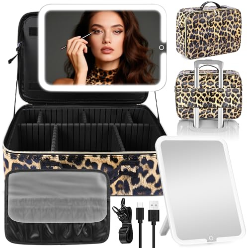 38x28CM Borsa per il trucco con specchio LED rimovibile, custodia da viaggio per il trucco con 3 luci dimmerabili colorate, custodia cosmetica di grande capacità con divisori rimovibili e tracolla