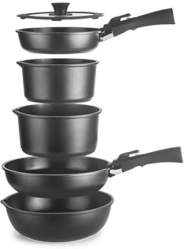 IBILI - Set Batería 9 Piezas Kompakto, sarten 20-26 cm, sarten honda 26 cm, cazo 18-20 cms, tapa 20-26 cms, 2 mangos extraibles, libre de PFAS, Aluminio fundido, Apilable, facil de almacenar