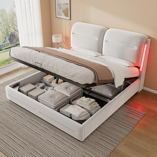 ZUUYEE Struttura Letto Matrimoniale con Contenitore, Letto 180x200 con Illuminazione LED, Letto Contenitore Matrimoniale con Testiera Imbottita, Letti Idraulico, Velluto, Beige, Senza materasso