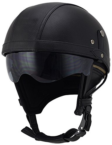 Woljay Leather Motorcycle Goggles Vintage Half Helmets Motorcycle Biker Cruiser Scooter Touring Helmet (Black with Drop Down Sun Lens)