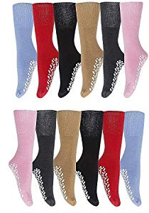 12 Pairs of Womens Non Skid/Slip Medical Socks, Cotton With Rubber Gripper Bottom, Assorted Colors, Size 9-11