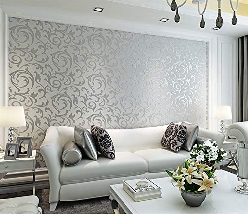 YangYun Home Decoration Carta da parati moderna minimalista 3D stereo per sfondo TV, per soggiorno, camera da letto, europea, in tessuto non tessuto damasca, motivo foglie, senza colla, colore argento