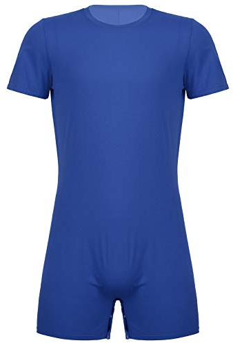 Alvivi Herren Body Overall Kurzarm T-Shirt Hemd Tops Einteiler Männerbody mit Druckknöpfe im Schritt Slim Fit Unterhemd Boxershorts Blau L