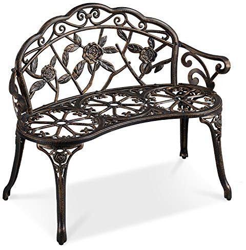 Yaheetech Garden Bench Outdoor Loveseat Metal Bench Outdoor Patio Furniture Seat with Rose Design, for Porch/Lawn/Yard, Bronze