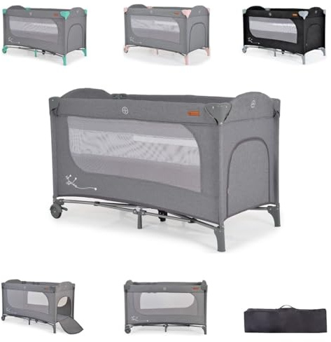 Cangaroo Reisebett Skyglow 2 Ebenen Räder Matratze Seiteneingang Tasche Bremsen grau