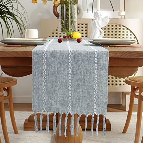 Wracra Cotton Linen Dusty Blue Table Runner, Modern Rustic Table Runners | 33 × 275 cm, Boho Table Runner, Washable, Embroidered, Heat-resistant, Thick and Sturdy, Dining Room, Home Decor