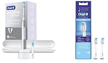 Oral-B Pulsonic Slim Luxe 4500 Elektrische Schallzahnbürste, platin & Pulsonic Clean Aufsteckbürsten für Schallzahnbürsten, Zahnbürstenaufsatz für Oral-B Schallzahnbürste,2 Stück (1 er Pack)