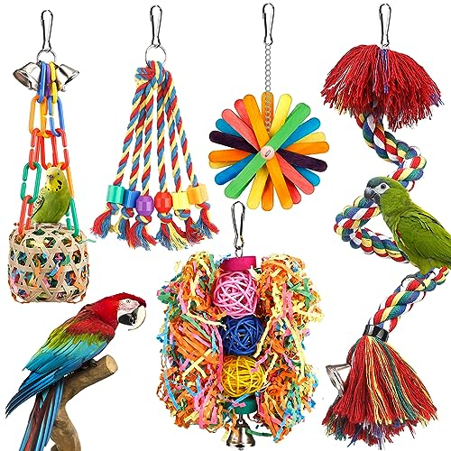 Bird Rope Perch With Bell - Colorful Chewing Shredding Foraging Toys for Parakeet, Parrot Swing Climbing Standing Hanging Cage Accessories for Conure Cockatiel Budgies Lovebird