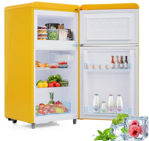 Merax Réfrigérateur rétro à double porte, 72 litres, avec compartiment congélateur de 21 litres, 120 kWh/an, éclairage LED - Jaune