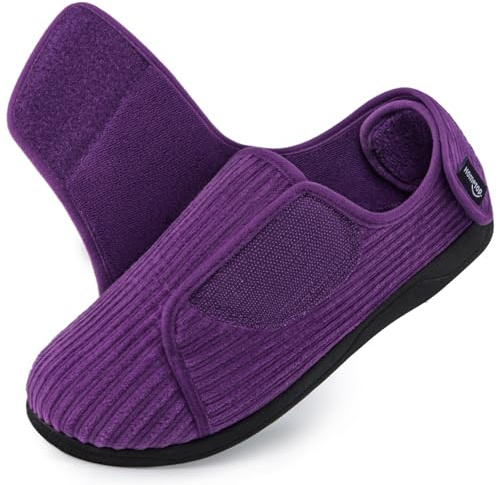 HomeTop Women's Corduroy Slippers Comfy Adjustable Hook and Loop Memory Foam Indoor Closed-back House Shoes for Diabetic Swollen Feet Mauve Purple, 6 UK
