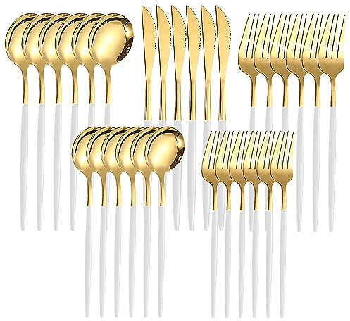 Gold Cutlery Set for 6 People – 30 Pieces Gold-Plated Stainless Steel Flatware Set with Knife,Fork,Spoons (Soup & Dessert) | Mirror Polished Wedding & Restaurant Tableware | Dishwasher Safe