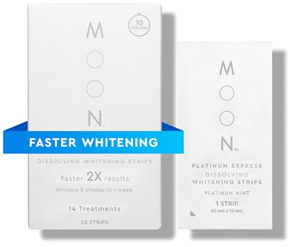 MOON Dissolving Teeth Whitening Strips, 28 Platinum Express No Rinse White Strips, Winter Mint, Hydrogen Peroxide & Essential Oils, Whiten Sensitive Teeth up to 8 Shades in 1 Week, Travel Essentials