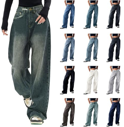 Generico Jeans Baggy Donna Y2k Pantaloni Dona Larghi Vita Alta Pantalone Vintage Harajuku Jeans da Donna a Gamba Larga Denim Casuale Hiphop Ragazza Teenager Streetwear