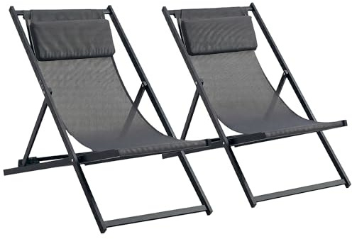 Outsunny Lot de 2 Bain de Soleil Chilienne 60x100x85cmTextilène Gris Foncé | Chaise Longue Pliante avec Appuie-Tête, Transat Jardin Extérieur Inclinable, Plage Camping Piscine Terrasse