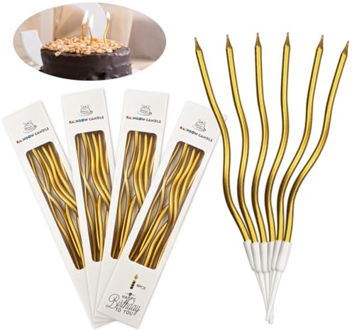 SHSMPXOY 24 Candele Compleanno Ondulate Torta di Compleanno,Candele a Spirale di Compleanno Lunga E Sottile Candela a Spirale Cupcake per Compleanno Partito Torta Decorazioni (Oro)