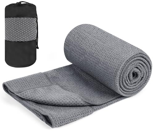 flintronic Yoga Towel, Yoga Mat Towel with Grip Silicone Dots, Microfibre Yoga Blanket Towel, Soft & Breathable, with Quick Dry Yoga Towels and Mesh Carry Bag, for Bikram, Pilates - 183x61cm