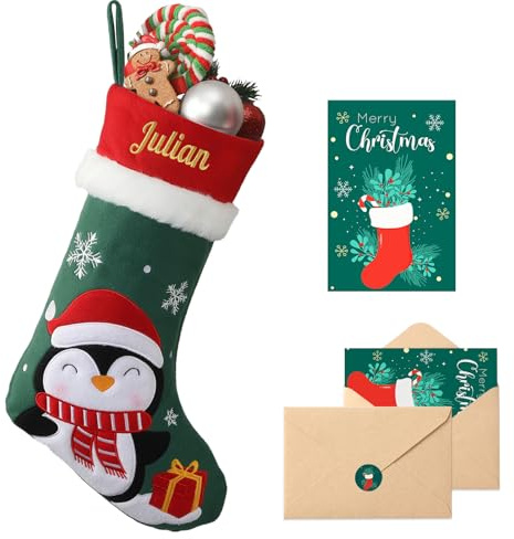 Loosusu Personalised Christmas Stockings with Embroidered Name & Monogram, 18 Large Custom Penguin Character Stocking with Christmas Card,Burlap Plaid Xmas Stockings for Fireplace Holiday Decor