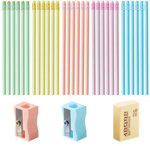 Xynovate HB Pencils, Lápiz de Grafito con Goma de Borrar y Sacapuntas, Paquete de 30 Lápices de Madera, 5 Colores de Cuerpo Diferentes para Dibujar Escribir Papelería