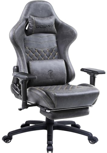 Dowinx Luxuriöser Gaming Stuhl Ergonomisch Leder mit Boutis-Steppung, 4D Armlehnen, Massage-Lendenstütze & Fußstütze, Verstellbarer Bürostuhl 90°-170°, Belastbar bis 200kg, Für Büro & Gaming, Grau
