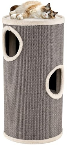 SOARS Tonneau à Gratter pour Chat 70 cm, Tour Arbre à Chat 4 Niveaux avec 3 Grottes et Surface Griffoir en Sisal, Niche Intérieure Stable Ø36, Gris