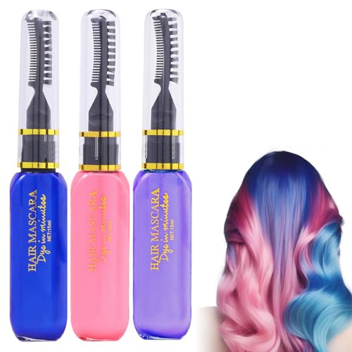 Hair Mascara Instant Hair Color Dye Temporary, 3 Colors Washable Bright Hair Mascara Chalk for Women, Birthday Halloween Cosplay DIY Makeup