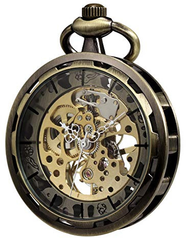 TREEWETO - Montre Gousset avec chaîne - pour Homme - Analogique - Remontage Manuel - Visage Ouvert - Mouvement Squelette - Bronze