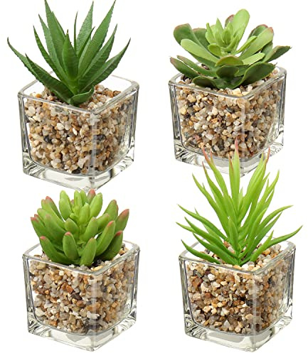 Briful Artificial Succulents Fake Succulent Plants, Set of 4 Small Fake Plants in Square Glass Pots Artificial Indoor Plants for Bathroom Bedroom Kitchen Home Decor